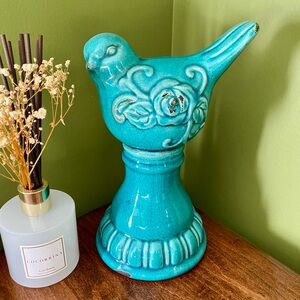 Turquoise Blue Ceramic Bird Figurine with Floral Motif and Attached Base